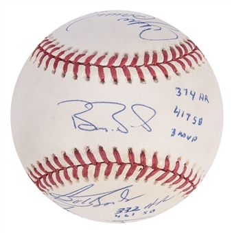 MLB Home Run and Stolen Base Greats Multi-Signed ONL White Baseball with 4 Signatures Including Willie Mays, Barry Bonds, Andre Dawson, and Bobby Bonds (JSA)
